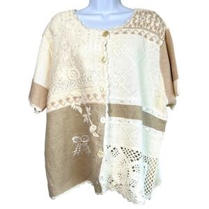 220 Hickory Womens Patchwork Crochet Embroidery Button Up Sweater Sz XL Cottage